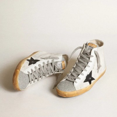 Golden Goose Francy Sneaker In White Suede With Black Leather Star And Silver Swarovski Crystal Tongue Golden Goose Francy Sneaker In White Suede With Black Leather Star And Silver Swarovski Crystal Tongue