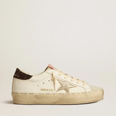 Golden Goose Hi Star Sneaker With Platinum Metallic Leather Star And Glitter Heel Tab Golden Goose Hi Star Sneaker With Platinum Metallic Leather Star And Glitter Heel Tab