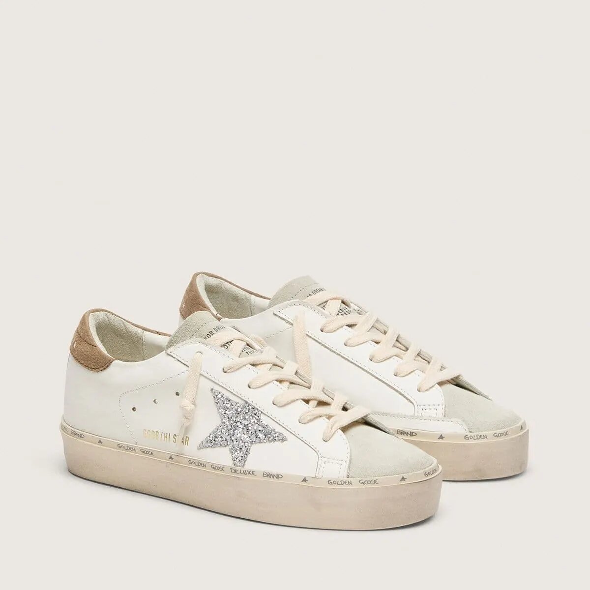 Golden Goose Hi Star Sneaker With Silver Glitter Star And Dove-Gray Nubuck Heel Tab Golden Goose Hi Star Sneaker With Silver Glitter Star And Dove-Gray Nubuck Heel Tab