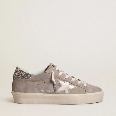 Golden Goose Hi Star Sneaker In Beige Suede With Laminated Leather Star And Glitter Heel Tab Golden Goose Hi Star Sneaker In Beige Suede With Laminated Leather Star And Glitter Heel Tab