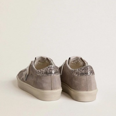 Golden Goose Hi Star Sneaker In Beige Suede With Laminated Leather Star And Glitter Heel Tab Golden Goose Hi Star Sneaker In Beige Suede With Laminated Leather Star And Glitter Heel Tab