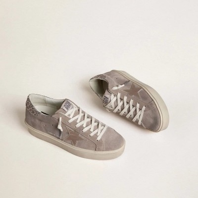 Golden Goose Hi Star Sneaker In Beige Suede With Laminated Leather Star And Glitter Heel Tab