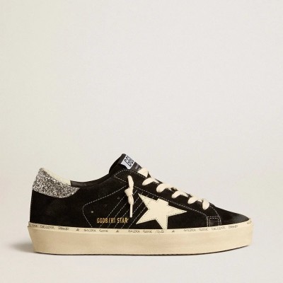 Golden Goose Hi Star Sneaker In Black Leather With Silver Glitter Heel Tab Golden Goose Hi Star Sneaker In Black Leather With Silver Glitter Heel Tab