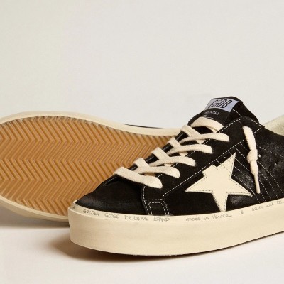 Golden Goose Hi Star Sneaker In Black Leather With Silver Glitter Heel Tab Golden Goose Hi Star Sneaker In Black Leather With Silver Glitter Heel Tab