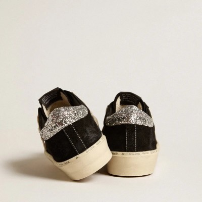 Golden Goose Hi Star Sneaker In Black Leather With Silver Glitter Heel Tab Golden Goose Hi Star Sneaker In Black Leather With Silver Glitter Heel Tab