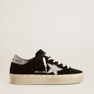 Golden Goose Hi Star Sneaker In Black Suede With Silver Glitter Star Golden Goose Hi Star Sneaker In Black Suede With Silver Glitter Star