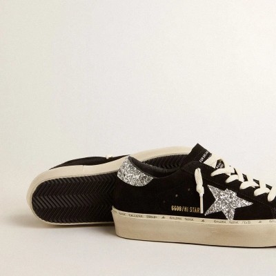 Golden Goose Hi Star Sneaker In Black Suede With Silver Glitter Star Golden Goose Hi Star Sneaker In Black Suede With Silver Glitter Star