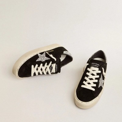 Golden Goose Hi Star Sneaker In Black Suede With Silver Glitter Star