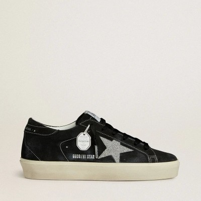 Golden Goose Hi Star Sneaker In Black Suede With Silver Swarovski Crystal Star Golden Goose Hi Star Sneaker In Black Suede With Silver Swarovski Crystal Star
