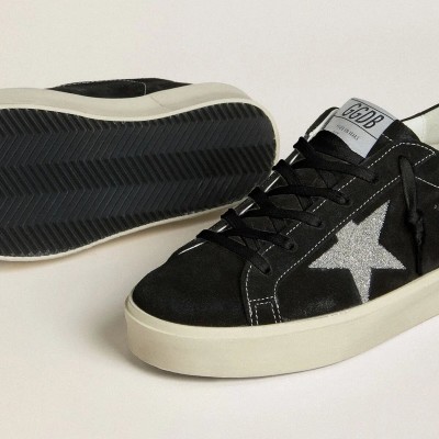 Golden Goose Hi Star Sneaker In Black Suede With Silver Swarovski Crystal Star Golden Goose Hi Star Sneaker In Black Suede With Silver Swarovski Crystal Star