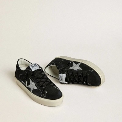 Golden Goose Hi Star Sneaker In Black Suede With Silver Swarovski Crystal Star