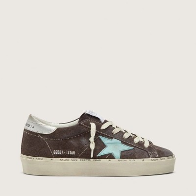Golden Goose Hi Star Sneaker In Dark Gray Suede With Aqua-Green Star Golden Goose Hi Star Sneaker In Dark Gray Suede With Aqua-Green Star