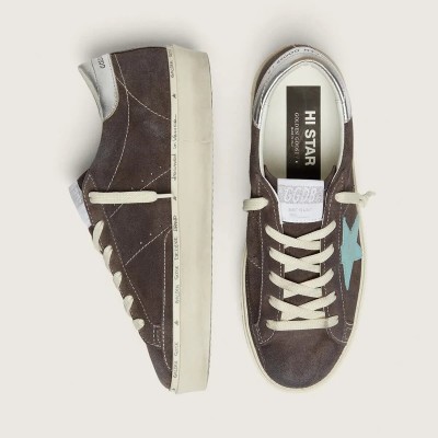 Golden Goose Hi Star Sneaker In Dark Gray Suede With Aqua-Green Star Golden Goose Hi Star Sneaker In Dark Gray Suede With Aqua-Green Star