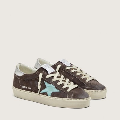 Golden Goose Hi Star Sneaker In Dark Gray Suede With Aqua-Green Star