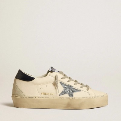 Golden Goose Hi Star Sneaker In Nappa With Swarovski Crystal Star And Dark Blue Leather Heel Tab Golden Goose Hi Star Sneaker In Nappa With Swarovski Crystal Star And Dark Blue Leather Heel Tab
