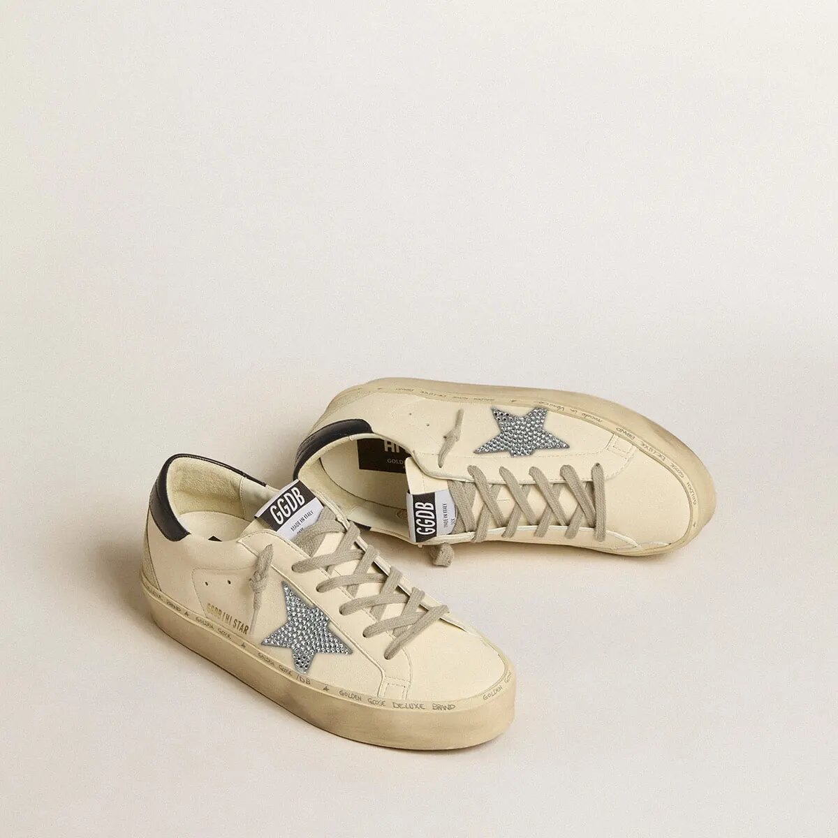 Golden Goose Hi Star Sneaker In Nappa With Swarovski Crystal Star And Dark Blue Leather Heel Tab Golden Goose Hi Star Sneaker In Nappa With Swarovski Crystal Star And Dark Blue Leather Heel Tab