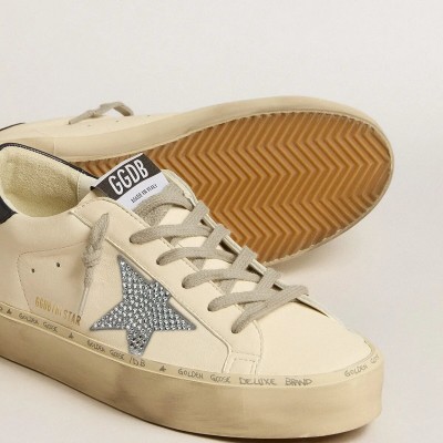 Golden Goose Hi Star Sneaker In Nappa With Swarovski Crystal Star And Dark Blue Leather Heel Tab Golden Goose Hi Star Sneaker In Nappa With Swarovski Crystal Star And Dark Blue Leather Heel Tab