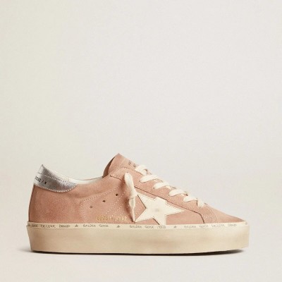Golden Goose Hi Star Sneaker In Pink Suede With Cream Star And Silver Leather Heel Tab Golden Goose Hi Star Sneaker In Pink Suede With Cream Star And Silver Leather Heel Tab