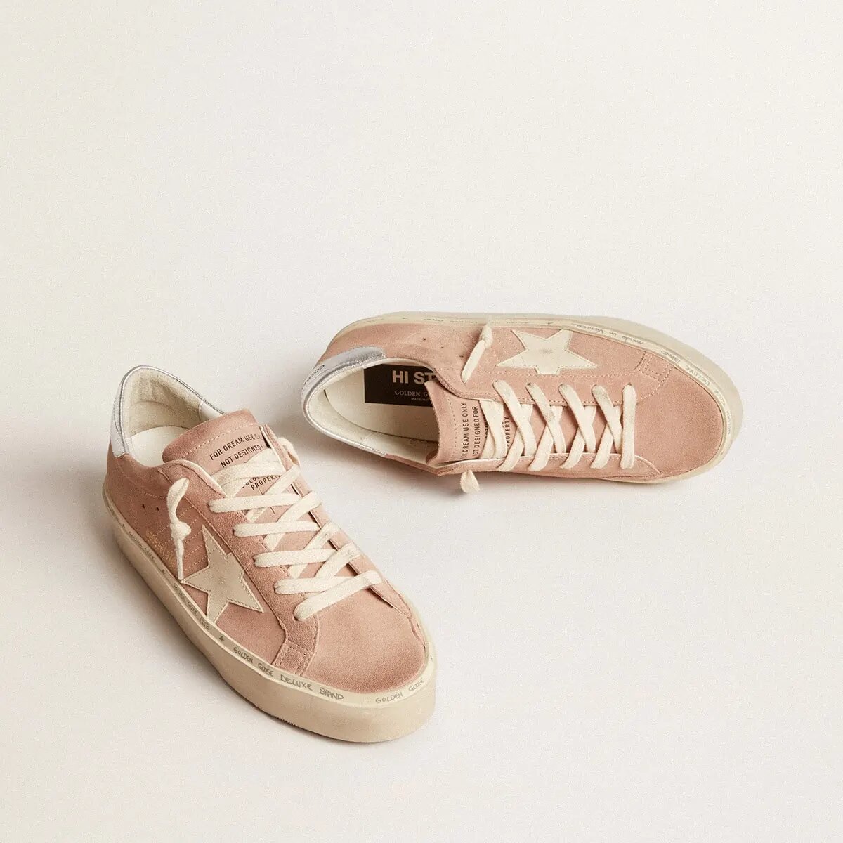 Golden Goose Hi Star Sneaker In Pink Suede With Cream Star And Silver Leather Heel Tab Golden Goose Hi Star Sneaker In Pink Suede With Cream Star And Silver Leather Heel Tab