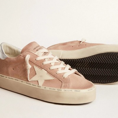 Golden Goose Hi Star Sneaker In Pink Suede With Cream Star And Silver Leather Heel Tab Golden Goose Hi Star Sneaker In Pink Suede With Cream Star And Silver Leather Heel Tab
