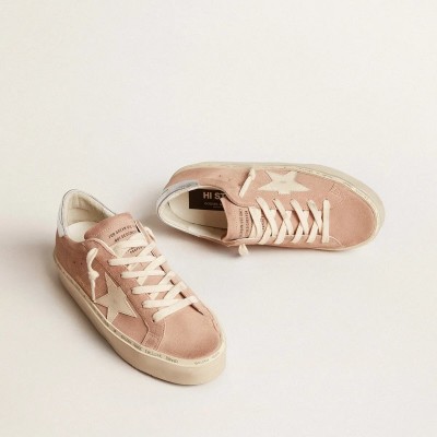 Golden Goose Hi Star Sneaker In Pink Suede With Cream Star And Silver Leather Heel Tab