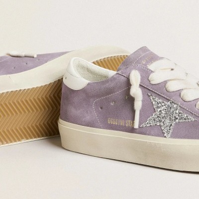Golden Goose Hi Star Sneaker In Purple Suede With Silver Glitter Star Golden Goose Hi Star Sneaker In Purple Suede With Silver Glitter Star