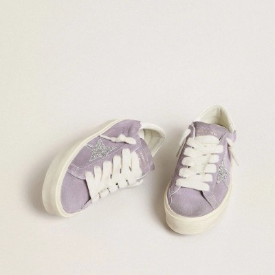 Golden Goose Hi Star Sneaker In Purple Suede With Silver Glitter Star