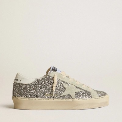 Golden Goose Hi Star Sneaker In Silver Glitter With Suede Star And White Heel Tab Golden Goose Hi Star Sneaker In Silver Glitter With Suede Star And White Heel Tab