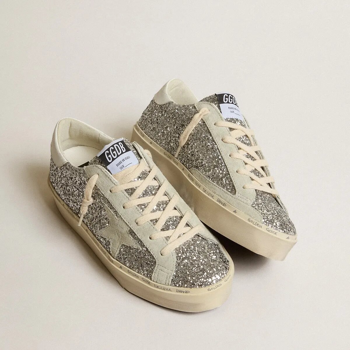 Golden Goose Hi Star Sneaker In Silver Glitter With Suede Star And White Heel Tab Golden Goose Hi Star Sneaker In Silver Glitter With Suede Star And White Heel Tab