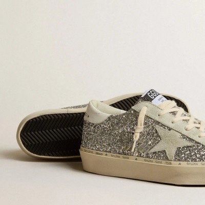 Golden Goose Hi Star Sneaker In Silver Glitter With Suede Star And White Heel Tab Golden Goose Hi Star Sneaker In Silver Glitter With Suede Star And White Heel Tab