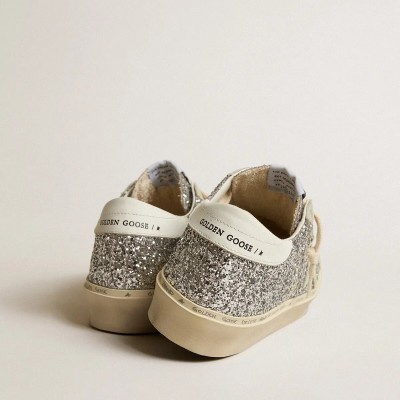 Golden Goose Hi Star Sneaker In Silver Glitter With Suede Star And White Heel Tab Golden Goose Hi Star Sneaker In Silver Glitter With Suede Star And White Heel Tab