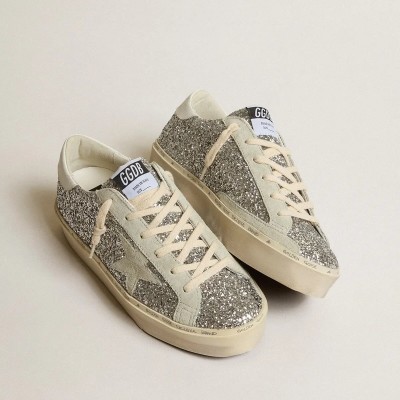 Golden Goose Hi Star Sneaker In Silver Glitter With Suede Star And White Heel Tab
