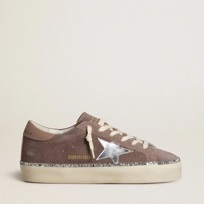 Golden Goose Hi Star Sneaker In Suede With Silver Leather Star And Leather Heel Tab Golden Goose Hi Star Sneaker In Suede With Silver Leather Star And Leather Heel Tab