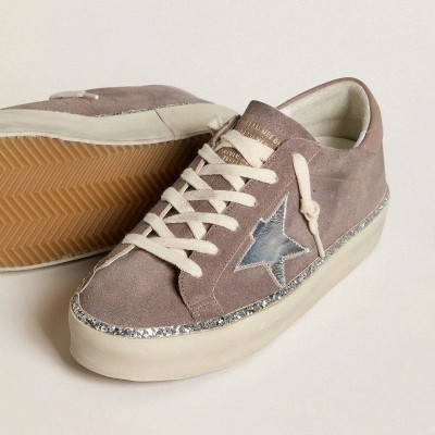 Golden Goose Hi Star Sneaker In Suede With Silver Leather Star And Leather Heel Tab Golden Goose Hi Star Sneaker In Suede With Silver Leather Star And Leather Heel Tab