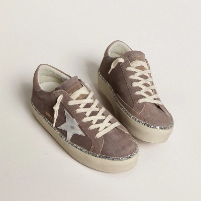 Golden Goose Hi Star Sneaker In Suede With Silver Leather Star And Leather Heel Tab
