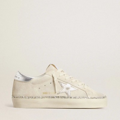 Golden Goose Hi Star Sneaker In Suede With Silver Metallic Leather Star And Heel Tab Golden Goose Hi Star Sneaker In Suede With Silver Metallic Leather Star And Heel Tab