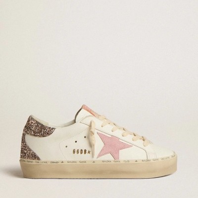Golden Goose Hi Star Sneaker In White Leather With Pink Suede Star And Pink Glitter Heel Tab Golden Goose Hi Star Sneaker In White Leather With Pink Suede Star And Pink Glitter Heel Tab