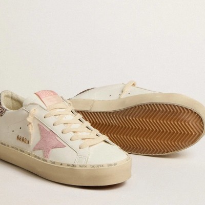 Golden Goose Hi Star Sneaker In White Leather With Pink Suede Star And Pink Glitter Heel Tab Golden Goose Hi Star Sneaker In White Leather With Pink Suede Star And Pink Glitter Heel Tab