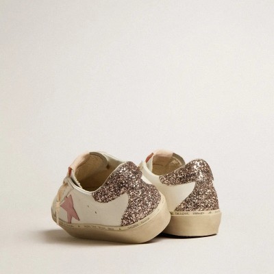 Golden Goose Hi Star Sneaker In White Leather With Pink Suede Star And Pink Glitter Heel Tab Golden Goose Hi Star Sneaker In White Leather With Pink Suede Star And Pink Glitter Heel Tab