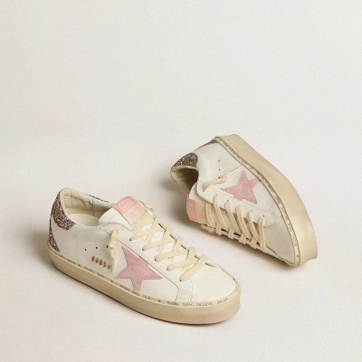 Golden Goose Hi Star Sneaker In White Leather With Pink Suede Star And Pink Glitter Heel Tab