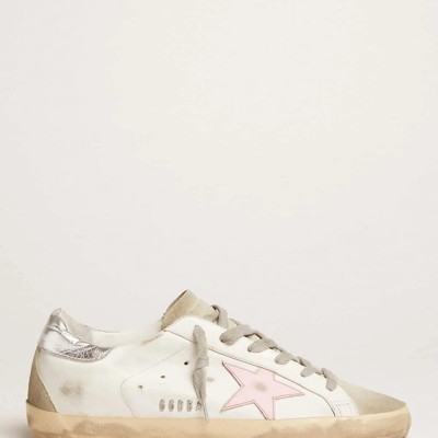 Golden Goose Leather Super-Star Sneaker With Pink Star And Silver Heel Tab Golden Goose Leather Super-Star Sneaker With Pink Star And Silver Heel Tab