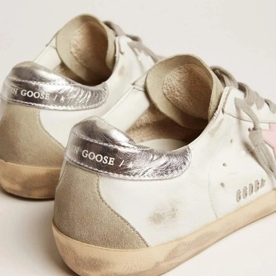 Golden Goose Leather Super-Star Sneaker With Pink Star And Silver Heel Tab Golden Goose Leather Super-Star Sneaker With Pink Star And Silver Heel Tab