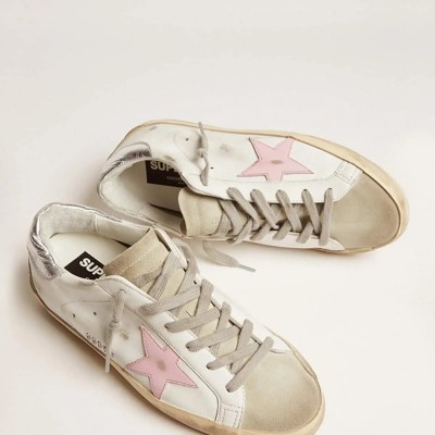 Golden Goose Leather Super-Star Sneaker With Pink Star And Silver Heel Tab