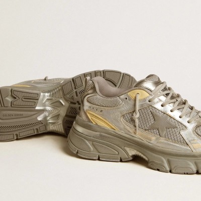 Golden Goose Lightstar Sneaker In Metallic Leather And Silver Mesh With Gray Star Golden Goose Lightstar Sneaker In Metallic Leather And Silver Mesh With Gray Star