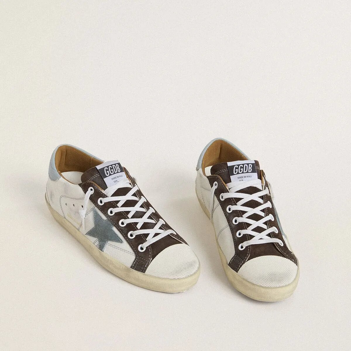 Golden Goose Super-Star Ltd Sneaker With Light Blue Suede Star And Light Blue Canvas Heel Tab Golden Goose Super-Star Ltd Sneaker With Light Blue Suede Star And Light Blue Canvas Heel Tab