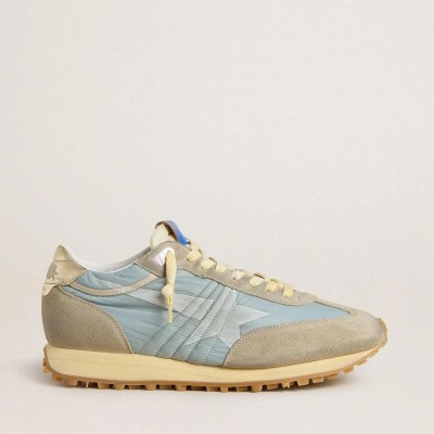 Golden Goose Marathon Sneaker With Light Blue Nylon Upper And Pastel Blue Star Golden Goose Marathon Sneaker With Light Blue Nylon Upper And Pastel Blue Star
