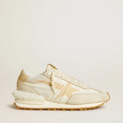 Golden Goose Marathon Sneaker In Beige Nylon And Gray Leather With Beige Printed Star Golden Goose Marathon Sneaker In Beige Nylon And Gray Leather With Beige Printed Star