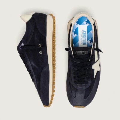 Golden Goose Marathon Sneaker In Blue Navy Suede With Leather Star And Heel Tab Golden Goose Marathon Sneaker In Blue Navy Suede With Leather Star And Heel Tab