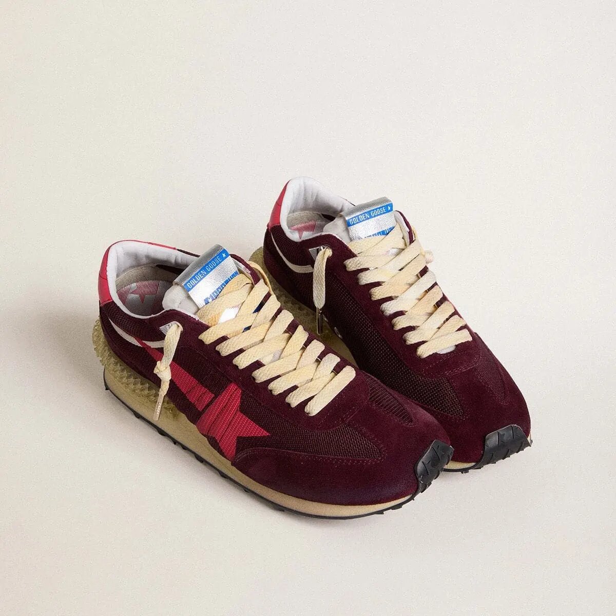 Golden Goose Marathon Sneaker In Burgundy Mesh And Suede With Printed Pink Star Golden Goose Marathon Sneaker In Burgundy Mesh And Suede With Printed Pink Star