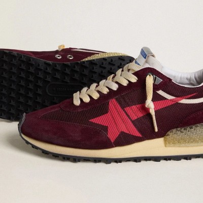 Golden Goose Marathon Sneaker In Burgundy Mesh And Suede With Printed Pink Star Golden Goose Marathon Sneaker In Burgundy Mesh And Suede With Printed Pink Star